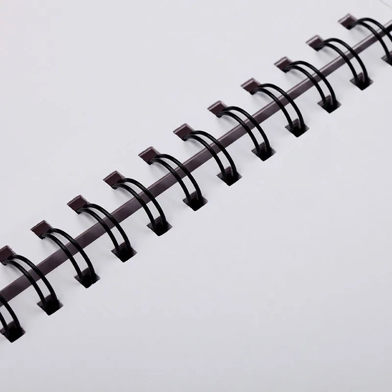A4 coil bound drawing book with blank pages, open flat on a desk