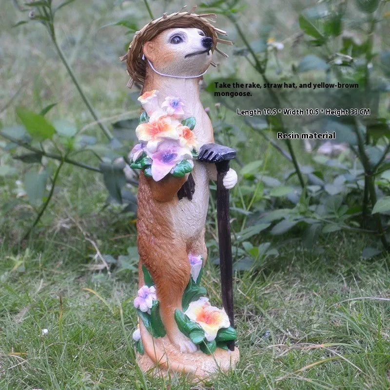 Plastic resin mongoose ornaments with straw hats for garden decoration in yellow brown colour