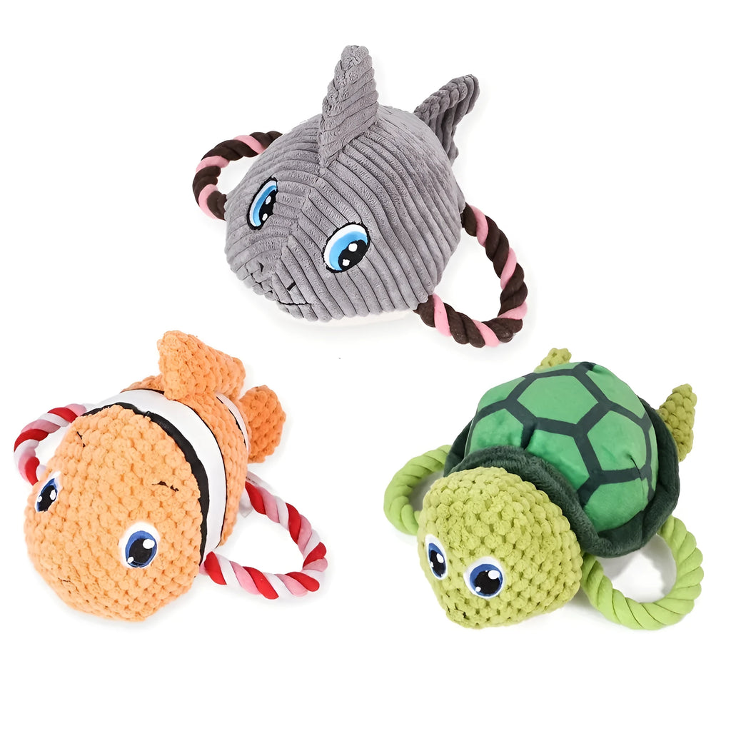 Grey turtle shaped plush dog toy with knotted rope tail and squeaker