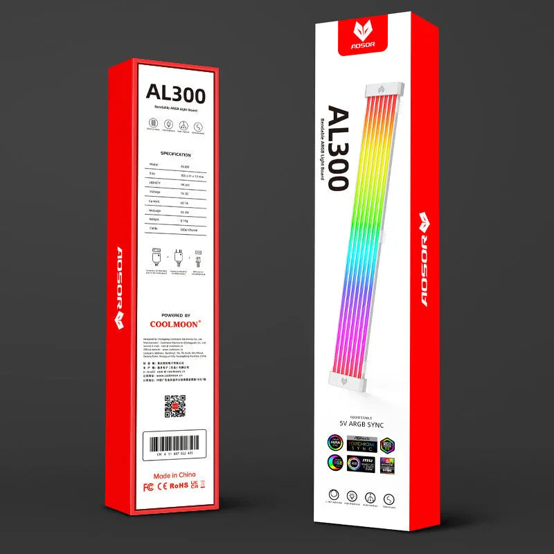 White ABS computer case neon light bar with 44 LED beads, 300mm length, multi-angle adjustment, and cable ties