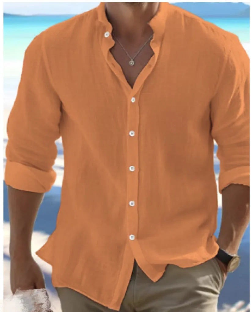 Men's light grey long-staple cotton casual button summer shirt on a hanger