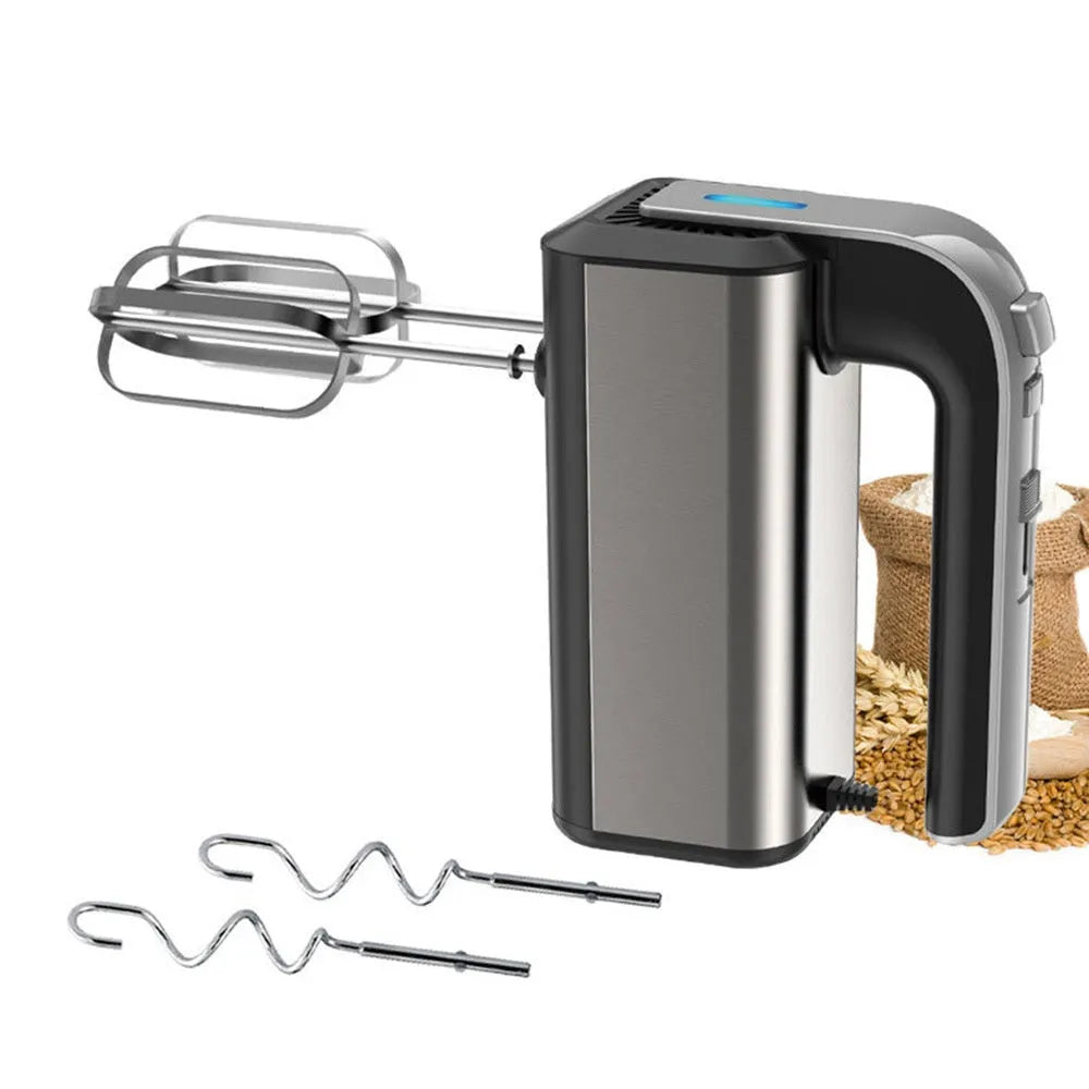 Silver household multifunctional mini electric whisk with plastic body and stainless steel attachments on a neutral background