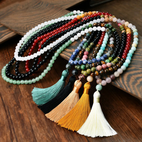 108 natural stone tassel long necklace with mixed gem pendant in boho style, unisex, 81cm plus circumference