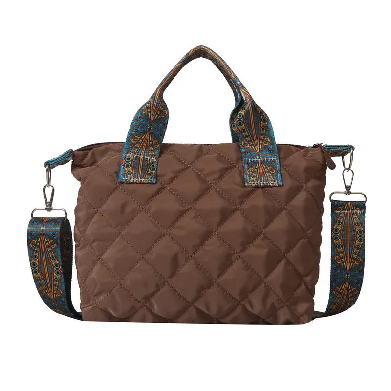Horizontal square Oxford cloth messenger bag with single shoulder strap and embroidery details