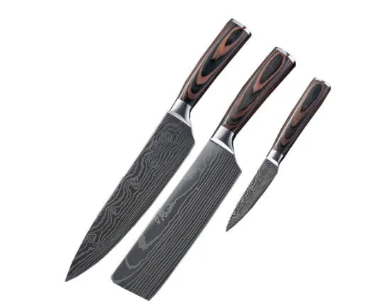 Chef knife set with 7CR17 steel blade, laser Damascus pattern, 18cm length, colour steel handle