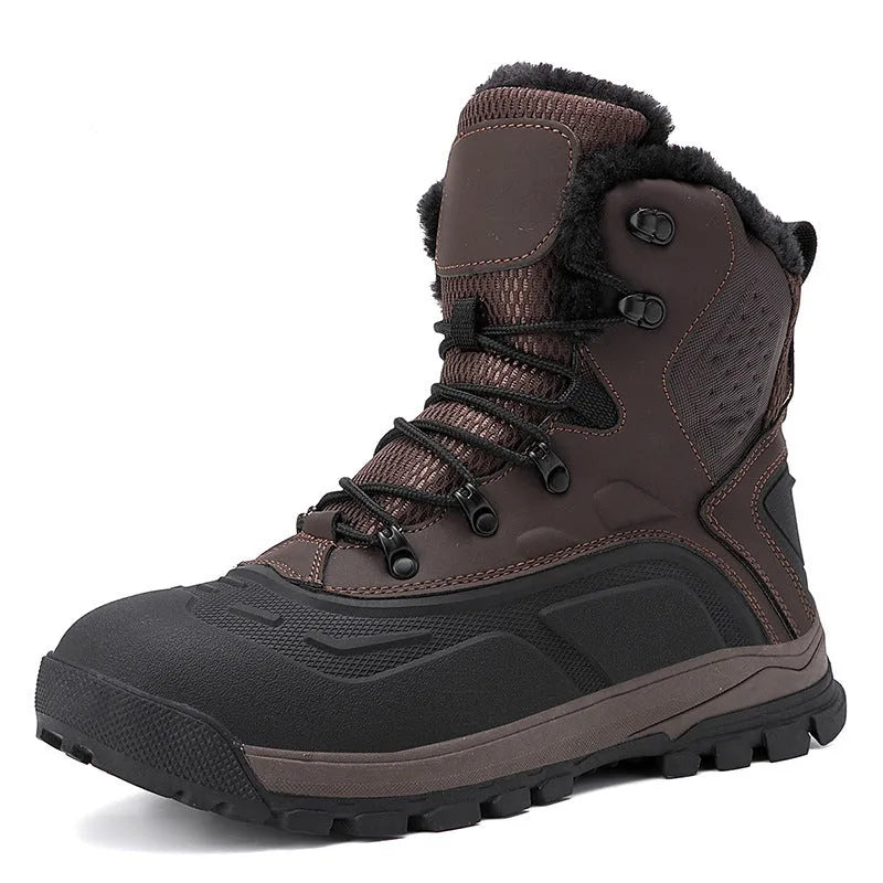 Men's black fleece-lined high-top lace-up work boots with a flat heel and ribbed sole.
