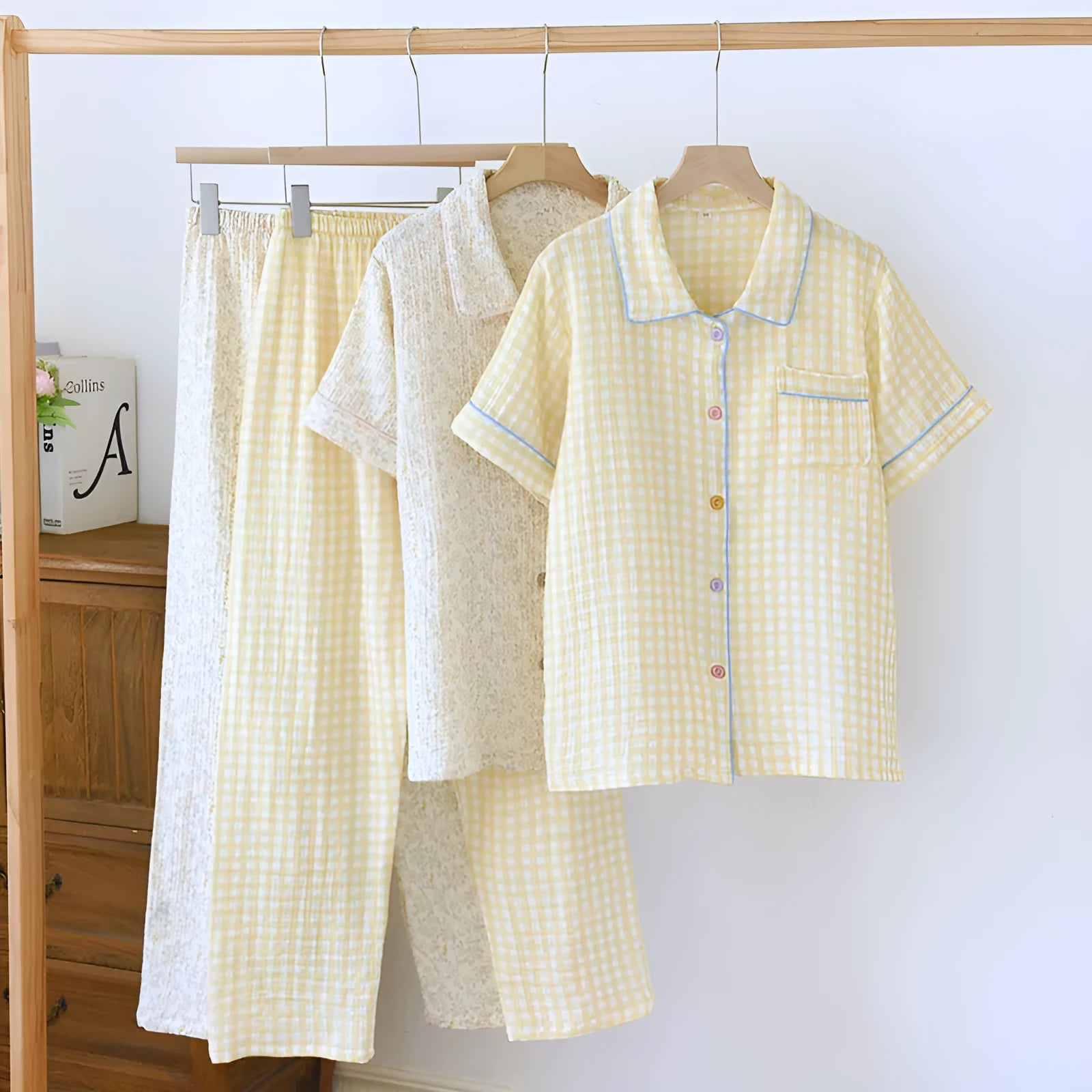 Women's washed cotton gauze short-sleeved top and loose trousers summer outfit set.