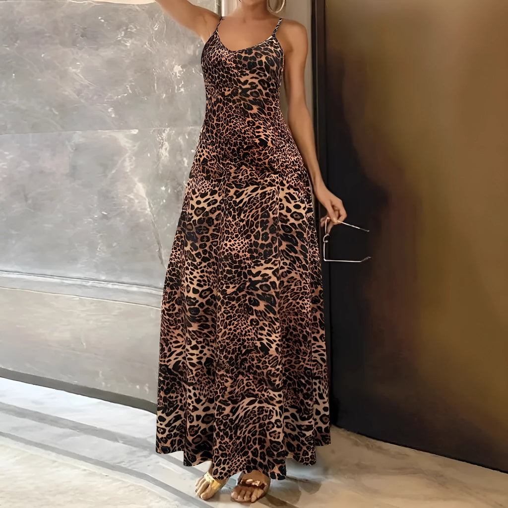 Dark brown leopard print sleeveless dress with round neck and sling shoulder straps