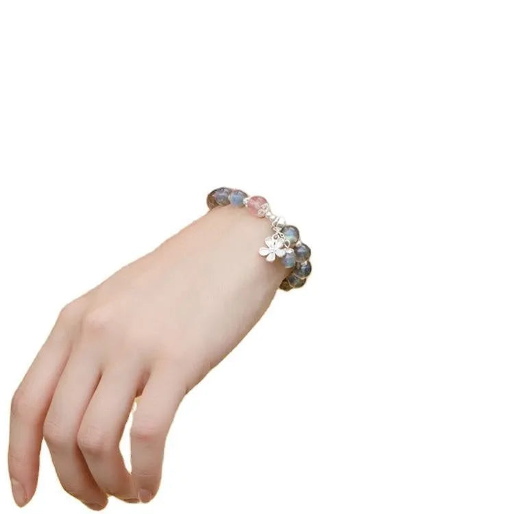 Moonlight lime strawberry crystal bracelet for women, 925 silver setting with 7.5mm grey moonlight stone beads