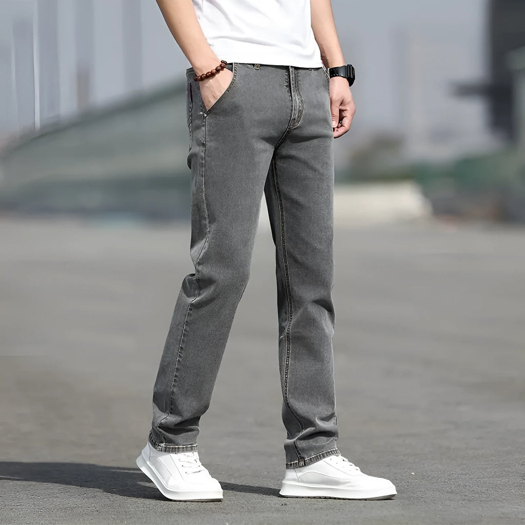 Men's smoky gray straight leg jeans with low waist and high elasticity rabbit fur blend fabric