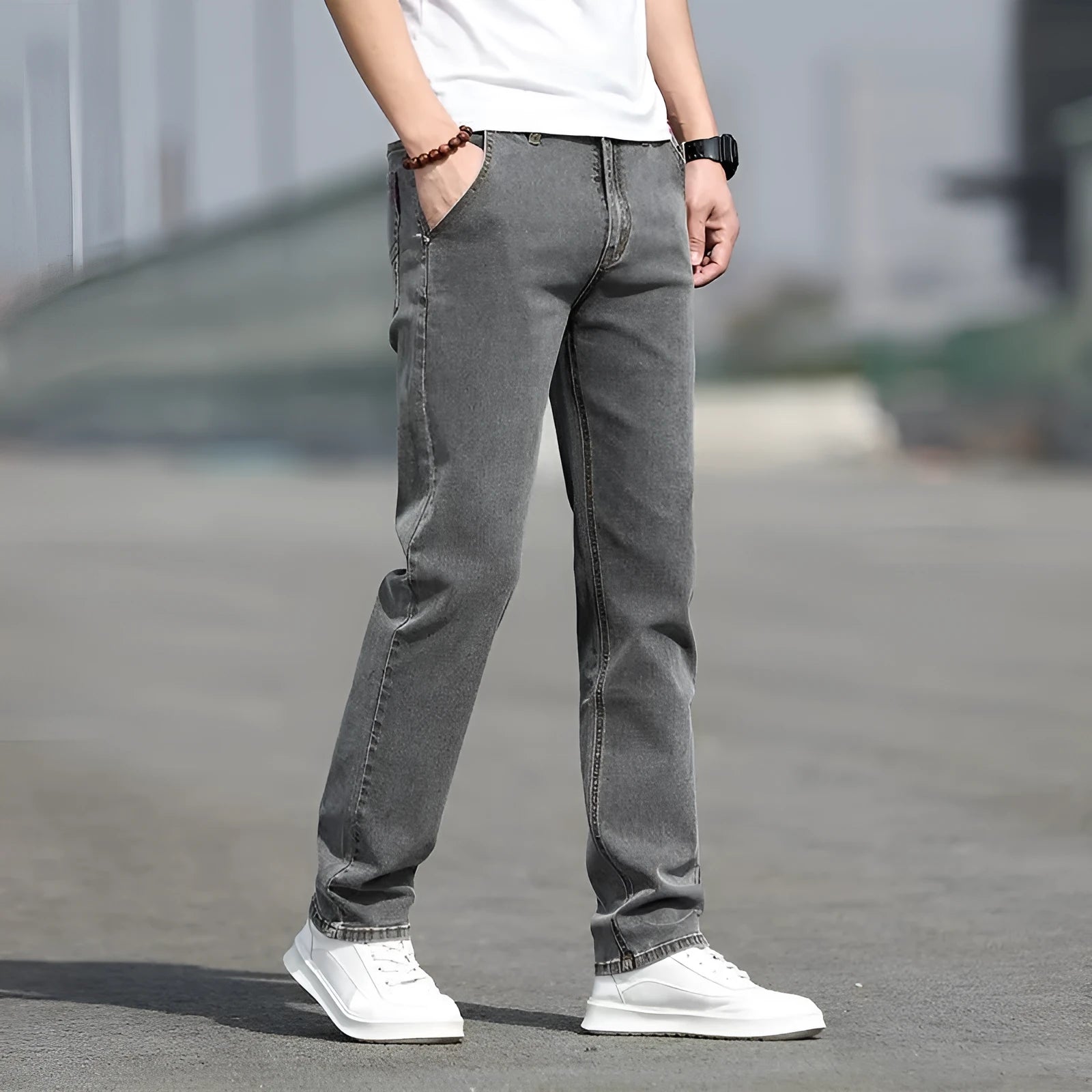 Men's smoky gray straight leg jeans with low waist and high elasticity rabbit fur blend fabric