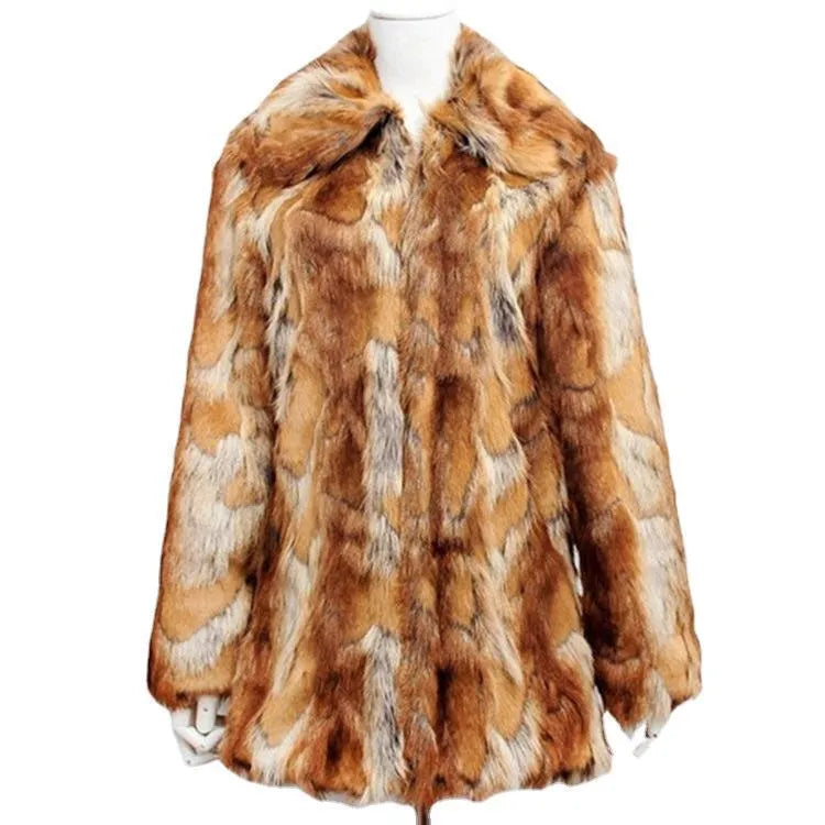 Women's tiger pattern faux fur leather jacket with slim fit and 65cm medium length