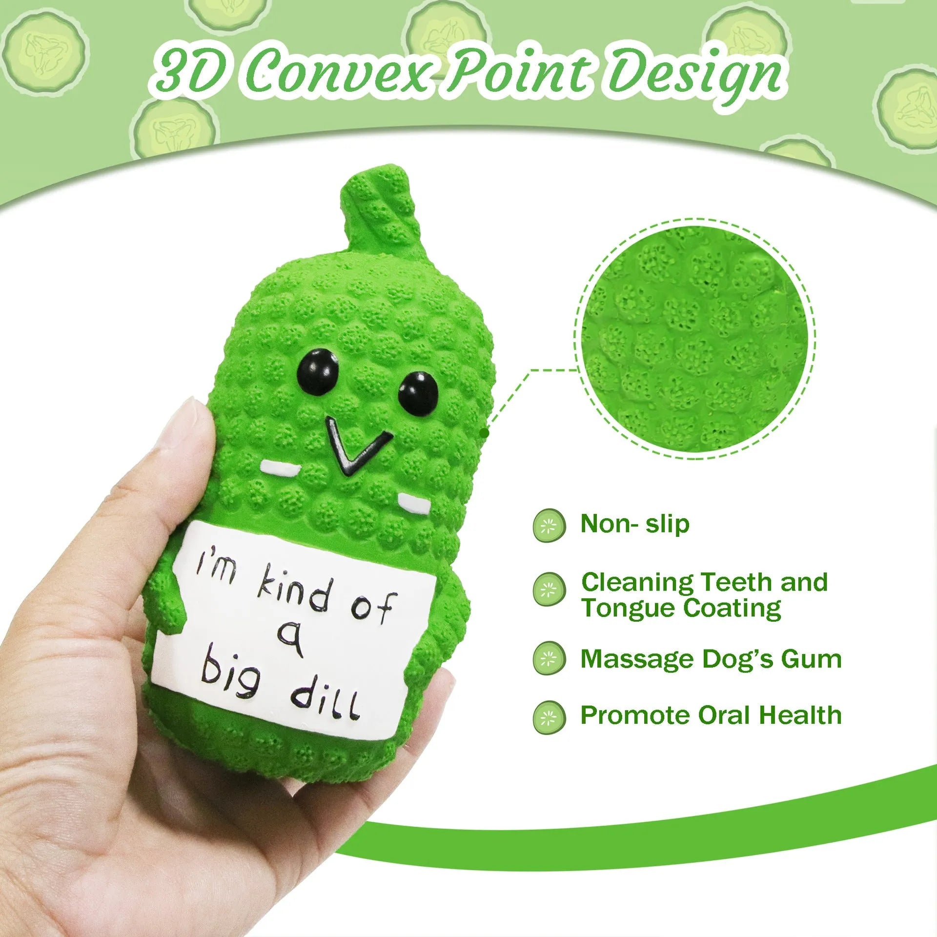 Green pickle-shaped squeaky dog chew toy with textured surface for dental cleaning