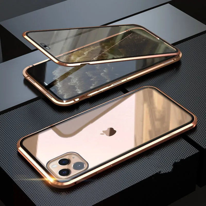 Glass anti-spy mobile phone case for iPhone with clamshell design and geometric pattern in multiple colours.