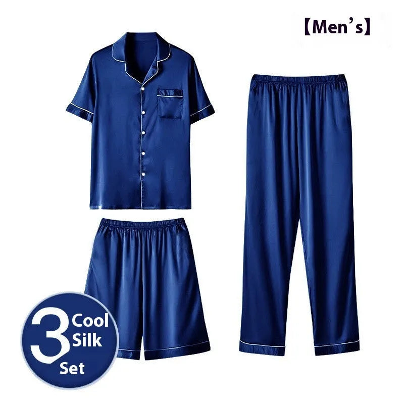 Ice silk men's three-piece home wear suit in a thin fabric, shown with shorts and trousers
