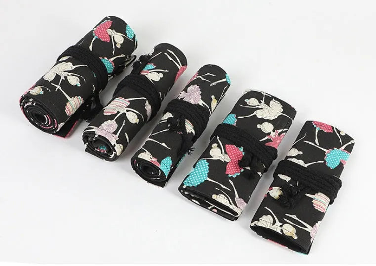 Ballet girl print canvas pencil case curtain rolled up showing multiple pencil holes for organised storage
