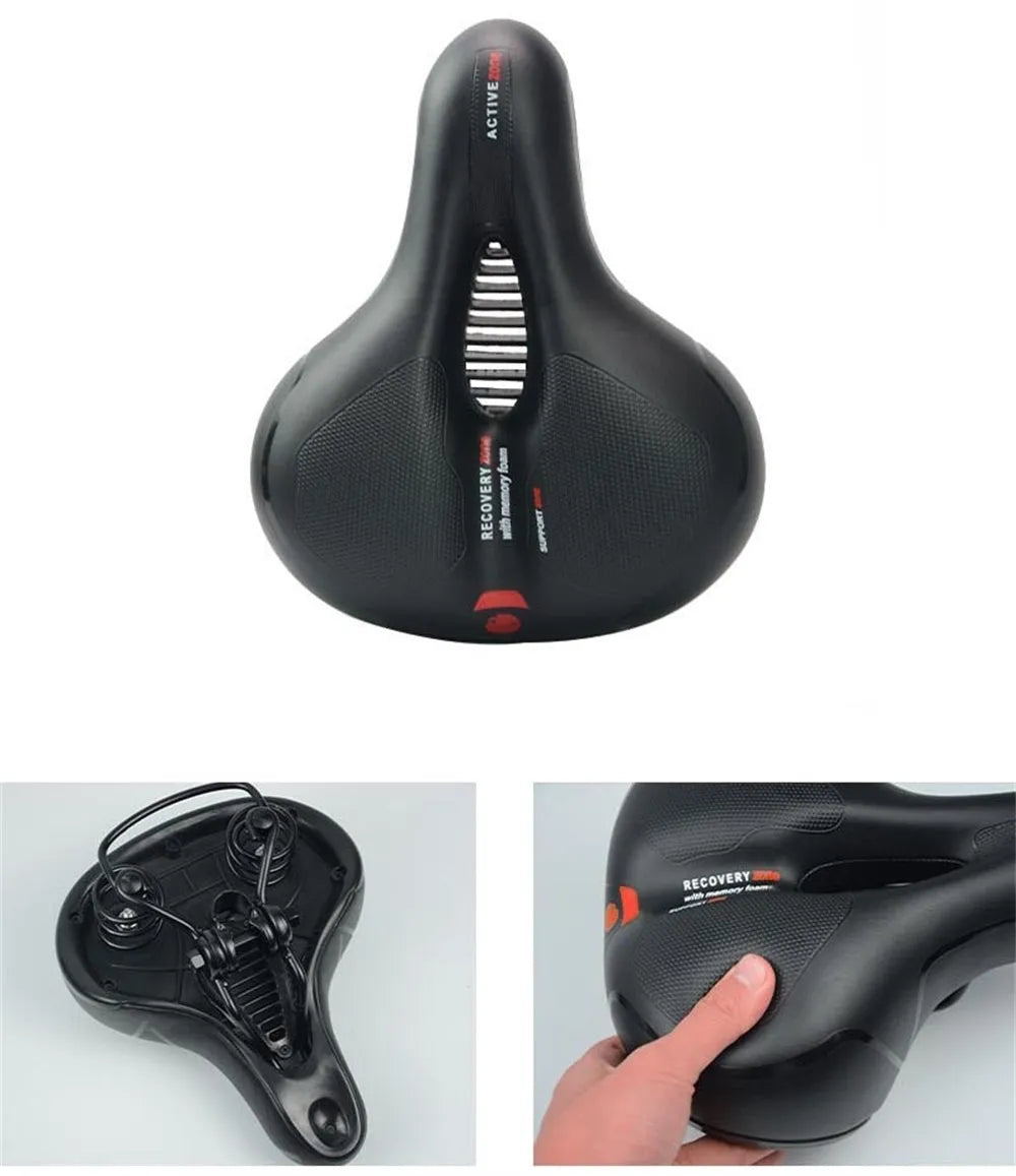 Thickened bicycle saddle cushion with PU leather cover, installation tools, and waterproof accessory