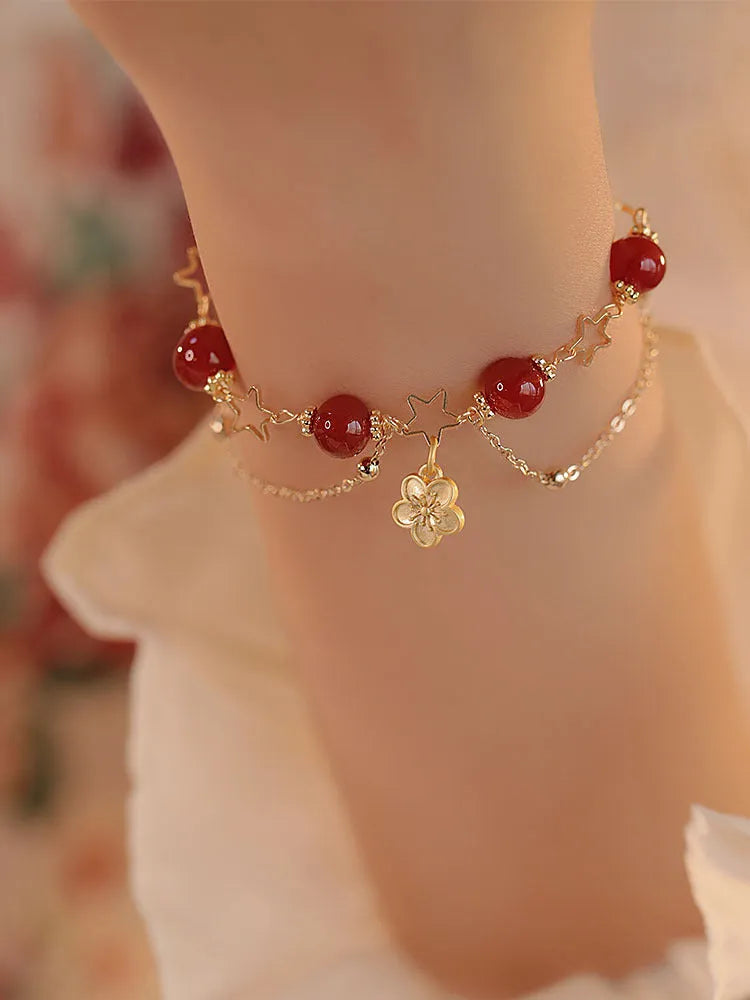 Women's red agate double layer ethnic fashion bracelet with floral peach blossom design elements