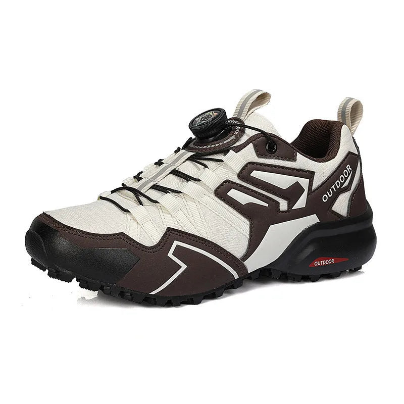 Men's beige elastic band hiking shoes with a synthetic leather upper and rubber sole.