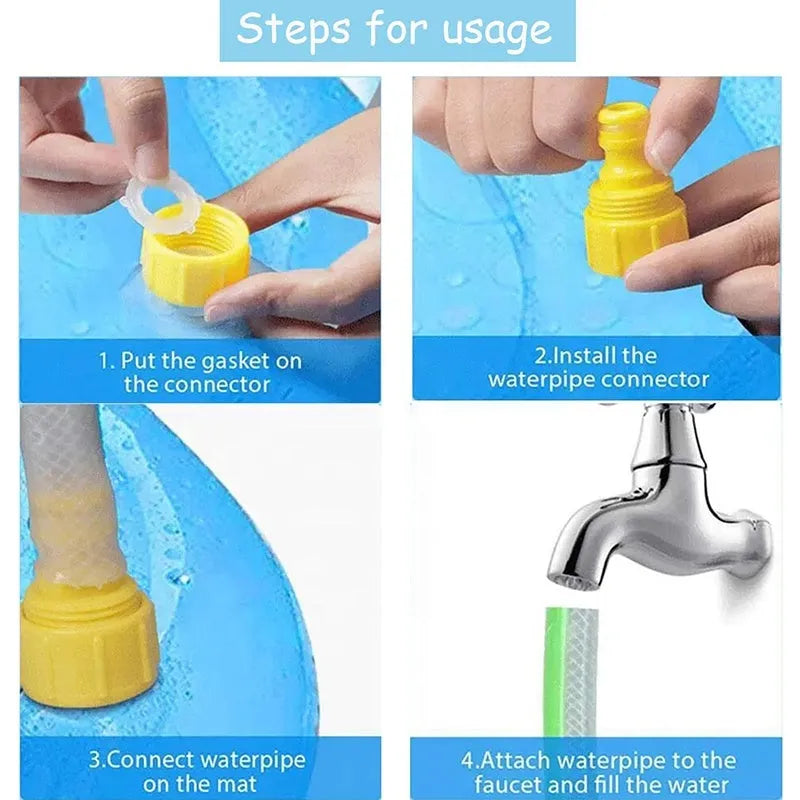 Blue anti-slip dog splash pad sprinkler toy with water sprays, placed on grass.