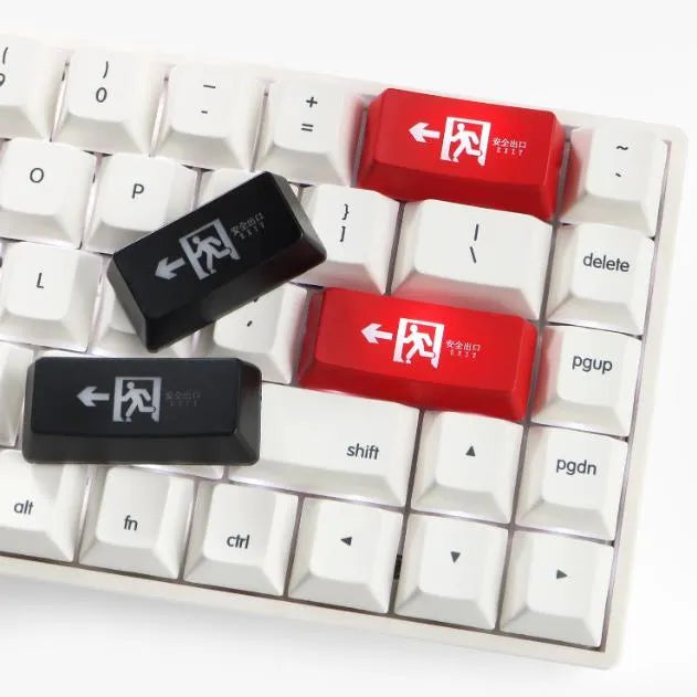 Red safety evacuation exit key cap on a keyboard, backspace style