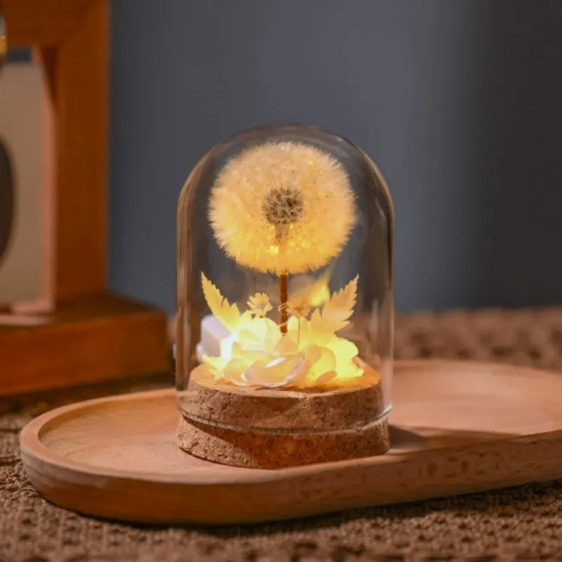 Yongsheng dandelion glass cover night light ornament with gradient colour glow on a bedside table