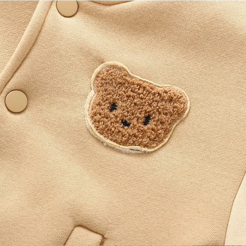 Children's fleece-lined baseball coat in cotton, light milk tea colour, with front buttons and stand collar