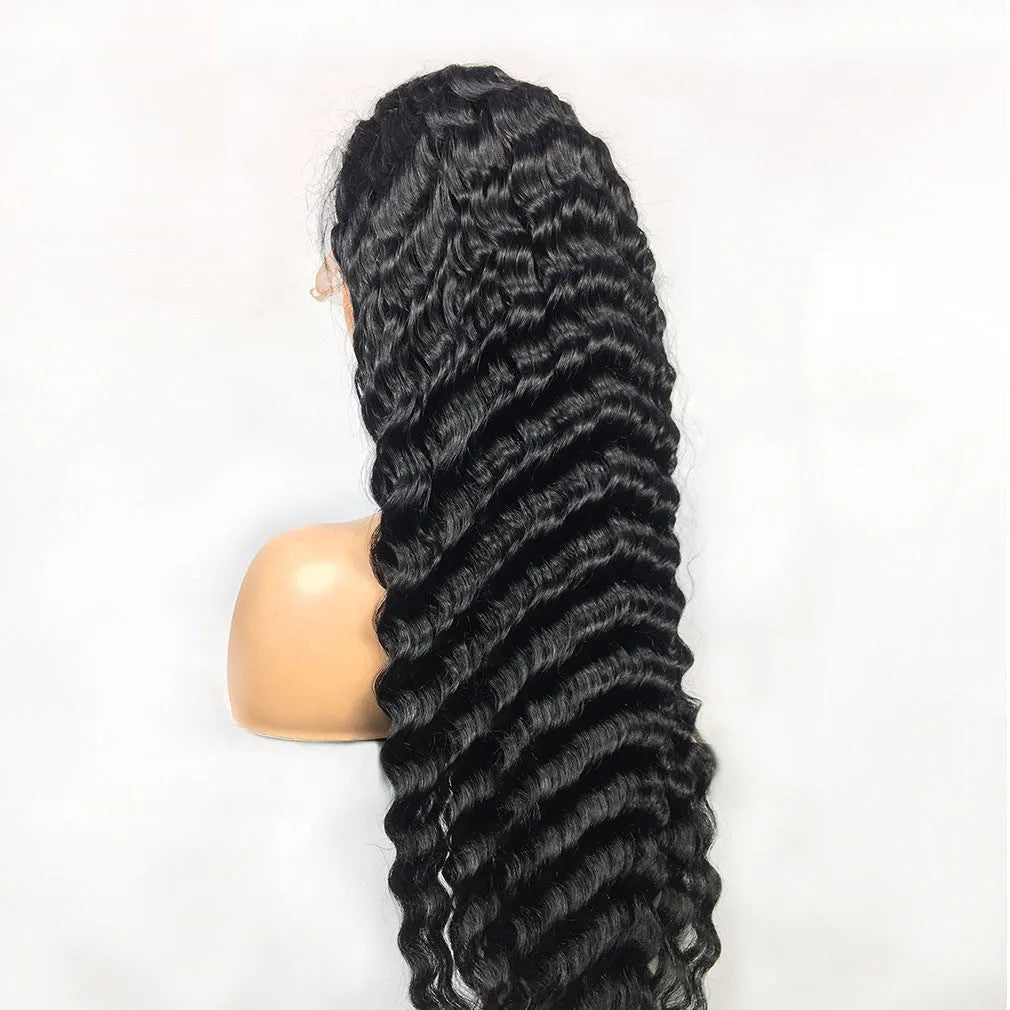 Deep wave human hair lace frontal wig in black, machine made, 14 inches long, with straight bangs