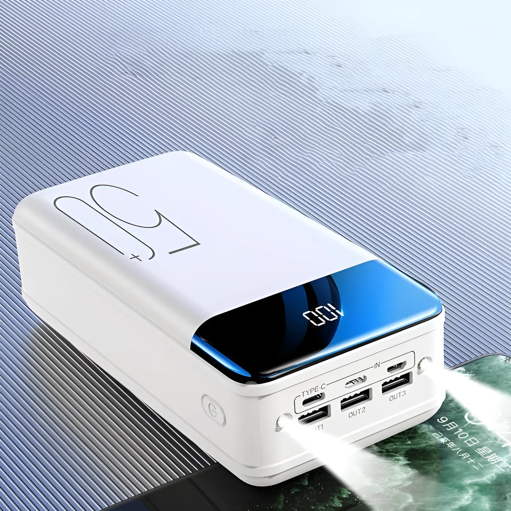 50000mAh power bank with three USB ports in black or white plastic casing