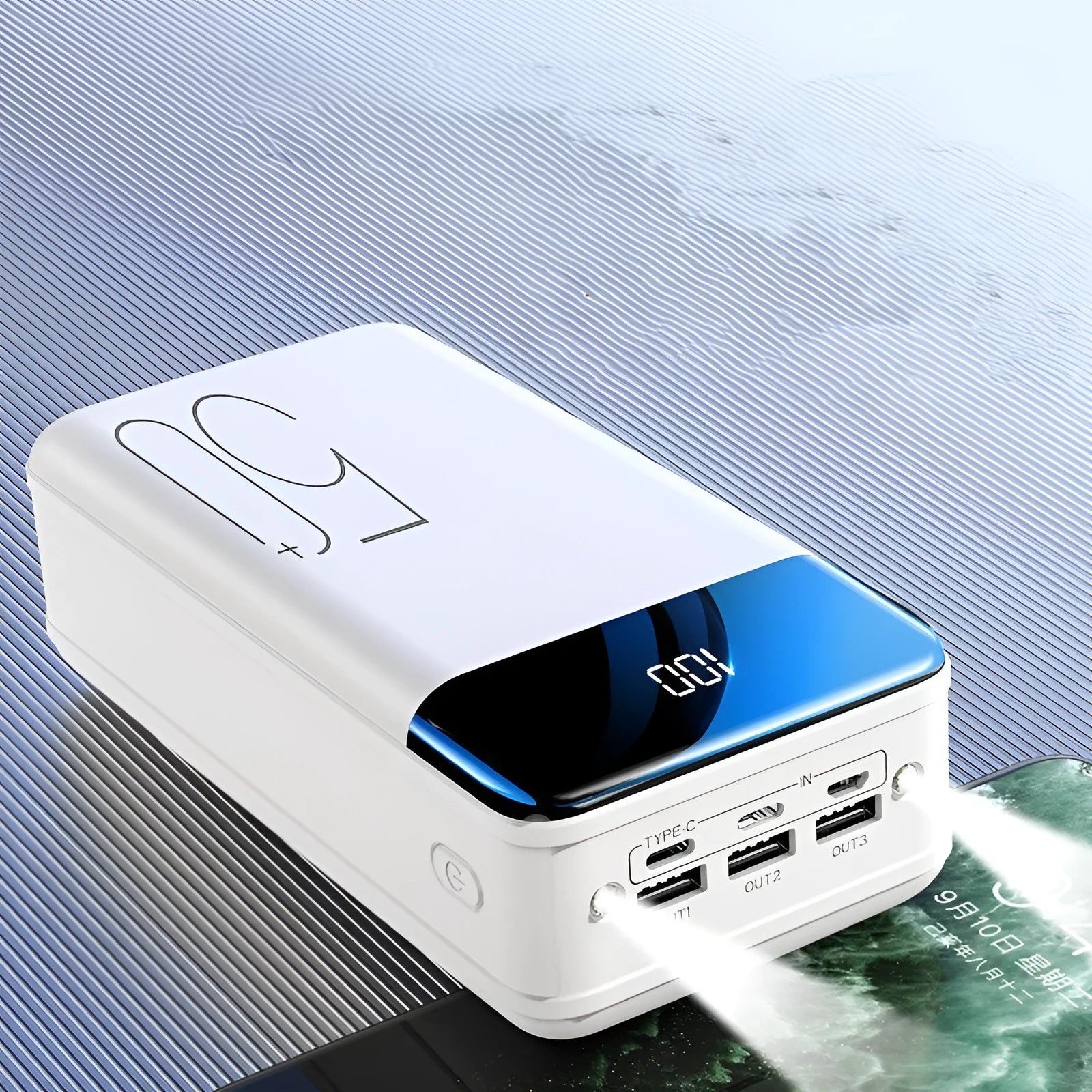 50000mAh power bank with three USB ports in black or white plastic casing