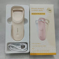 Electric eyelash curler with USB charging cable in cream white colour showing curling mechanism