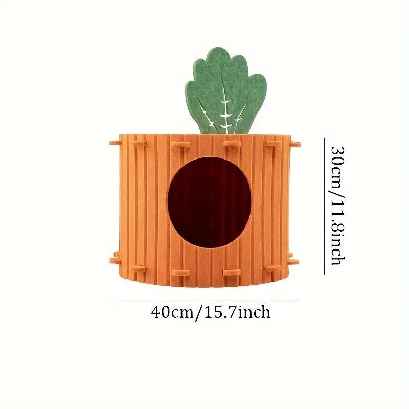 Carrot-shaped grey felt cat nest with a tunnel entrance, shown in two sizes for indoor cats.
