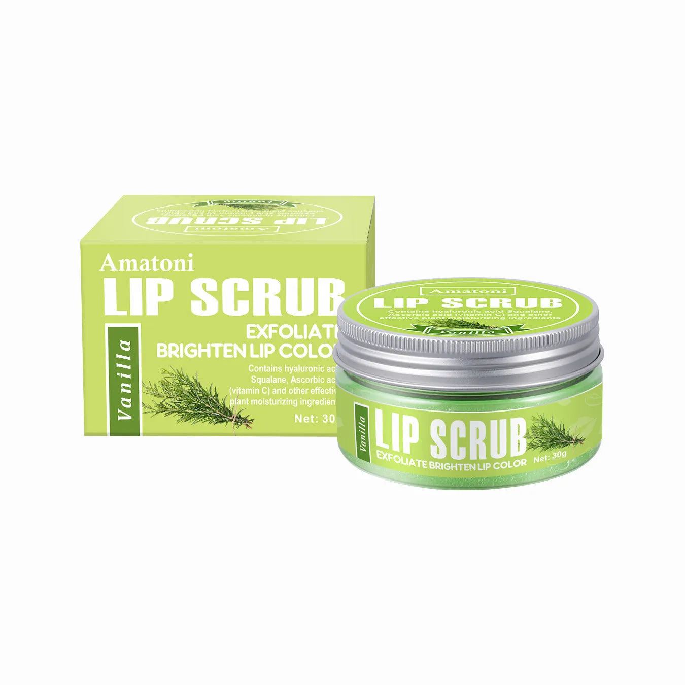 30g pot of Amatoni fruit flavour lip scrub cream in coconut, raspberry, vanilla, or watermelon