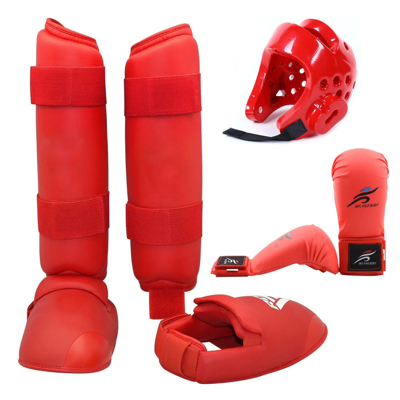 Blue karate protective gear set showing PU leg guard, helmet, and boxing gloves on a grey background.