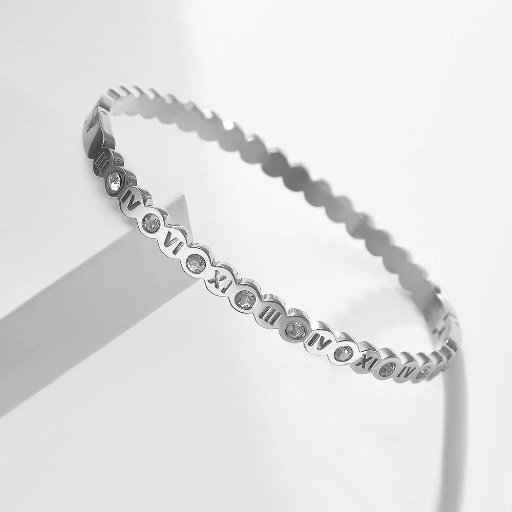 Korean style titanium steel bracelet with number details in gold, rose gold or steel colour