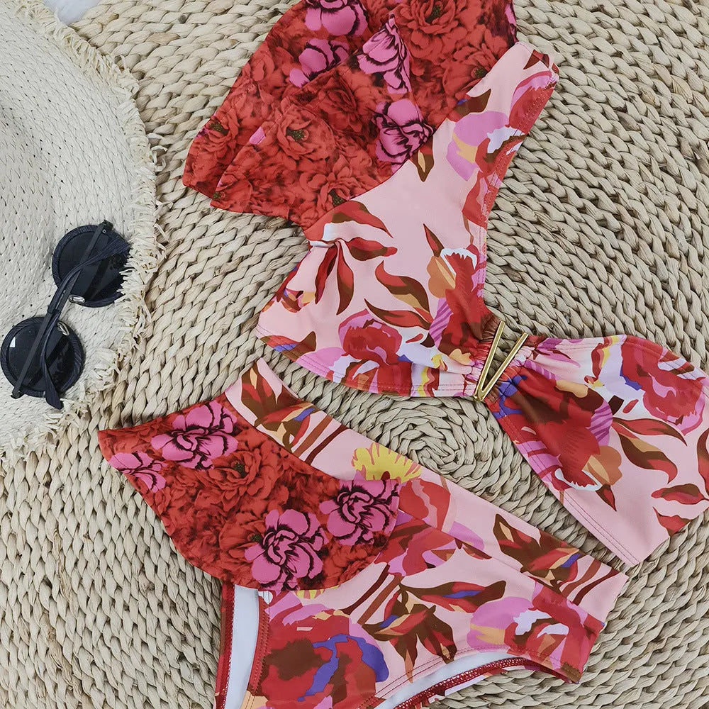 Pink and red floral print one-shoulder ruffled bikini set with high-waist briefs for women
