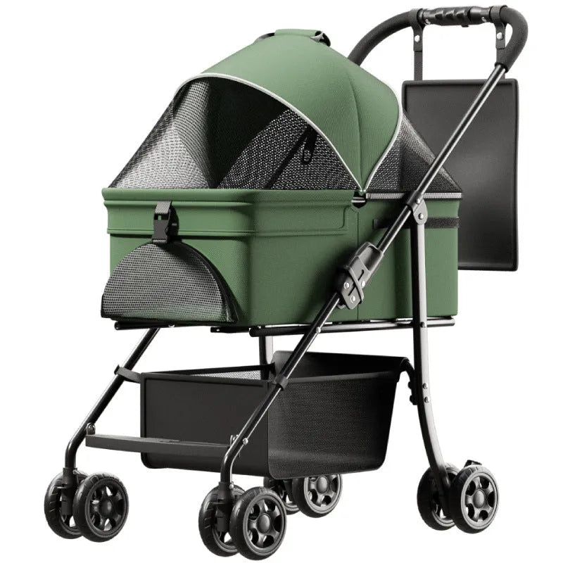 One-click folding large capacity pet cart in Black Warrior basic style with metal frame and detachable pet carrier