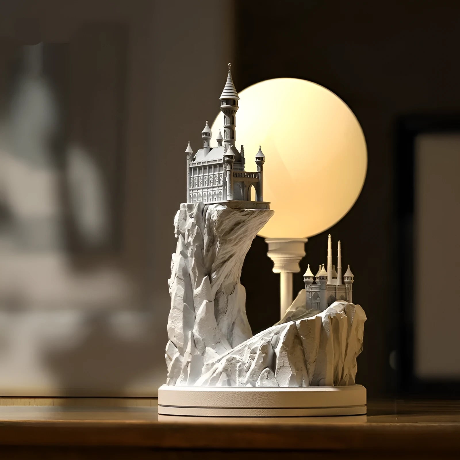 White composite gypsum table lamp with wire switch on cord.