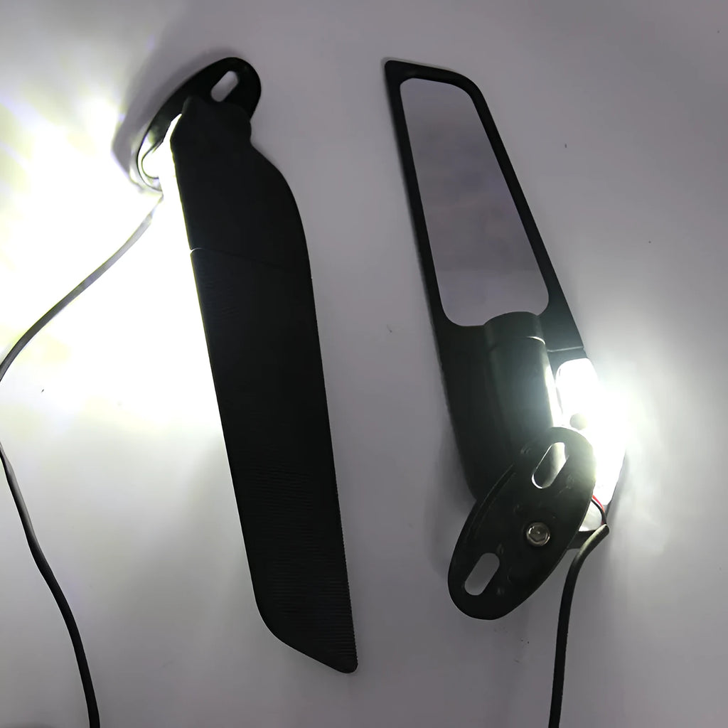 Pair of yellow-reflector aluminium alloy motorcycle rearview mirrors with convex lenses.