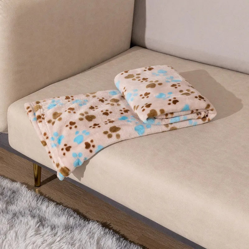 Double-sided dog blanket with cartoon anime pattern in blue dog print, shown beside size options