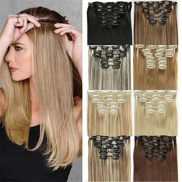 Long straight high temperature fibre wig extensions 6-piece set 60cm length colour 1B