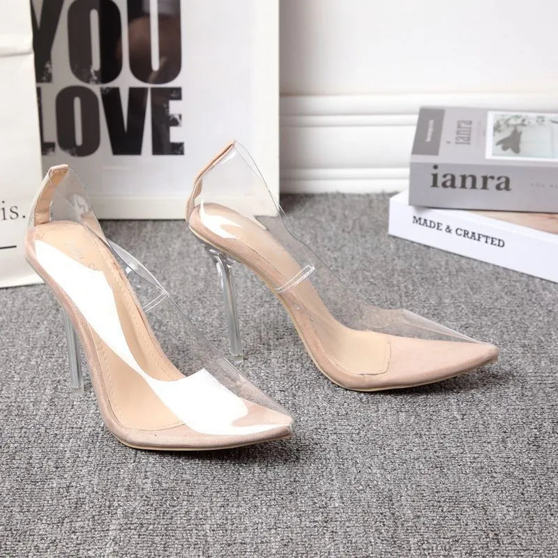 Women's transparent suede pointed stiletto pumps low-cut shallow mouth height increasing shoes apricot colour