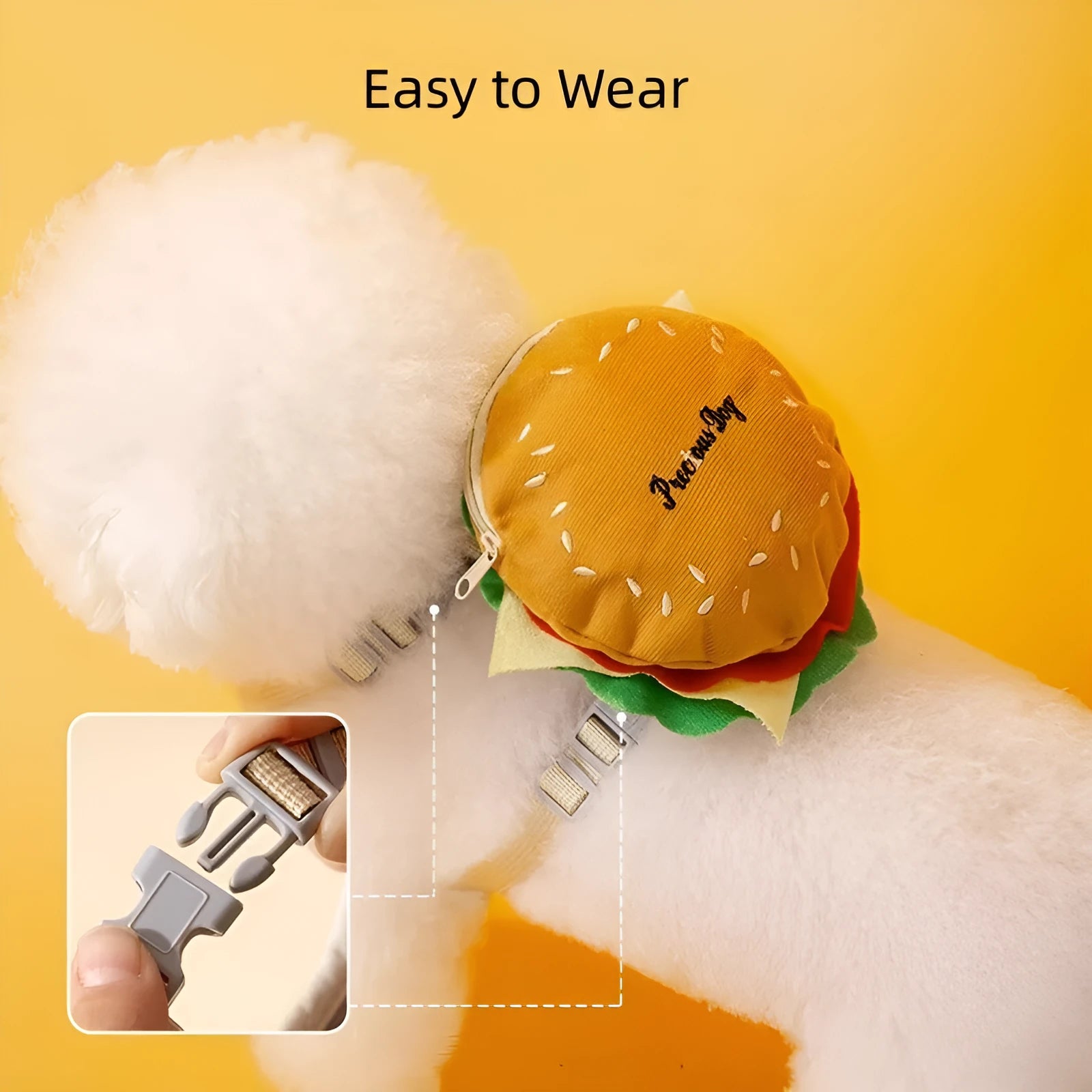 Cartoon hamburger print adjustable vest leash and backpack for a dog.