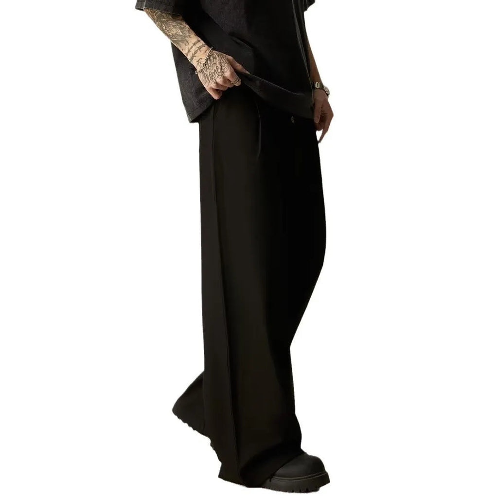 Men's solid colour wide-leg casual trousers in black or brown with straight-leg fit and button fly