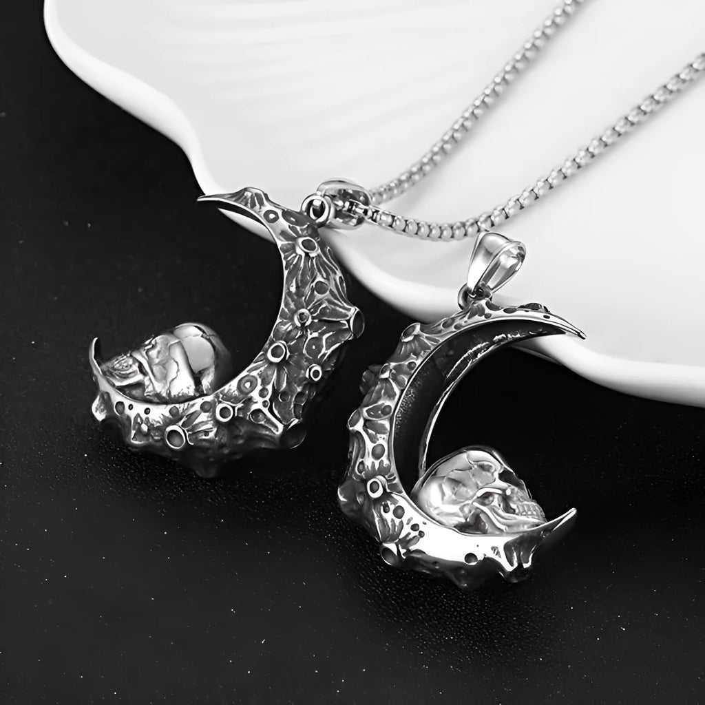 Men's silver stainless steel necklace with alloy pendant showing six design options including skull, dagger, and Hot Wheels