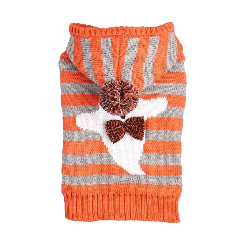 Orange knitted hooded pet sweater with contrast stripes and fur ball for small dogs and cats