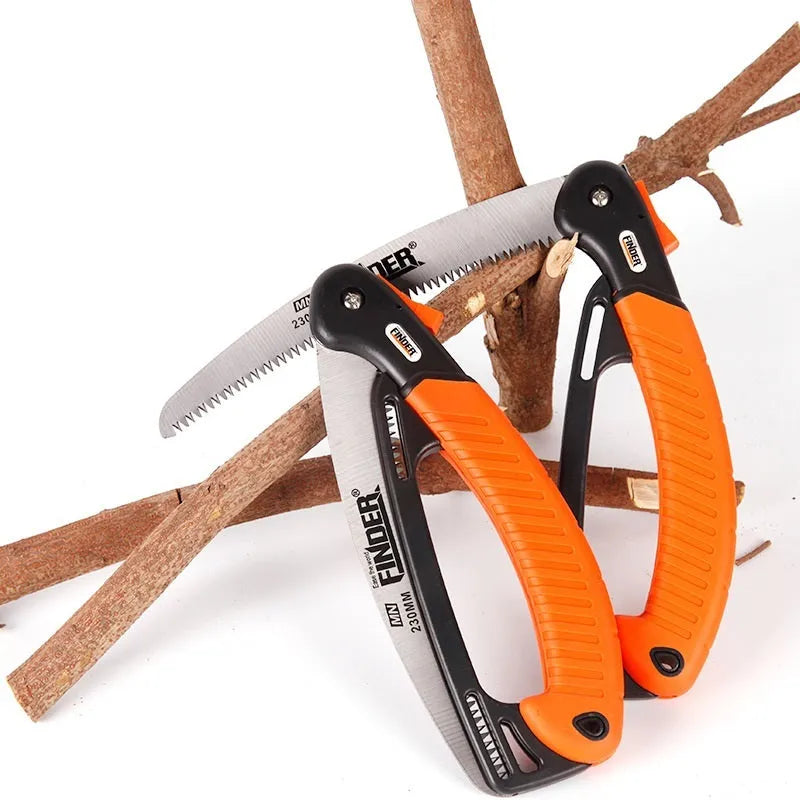 Folding garden hand saw with a 230mm steel blade and black TPR handle, shown both open and closed.