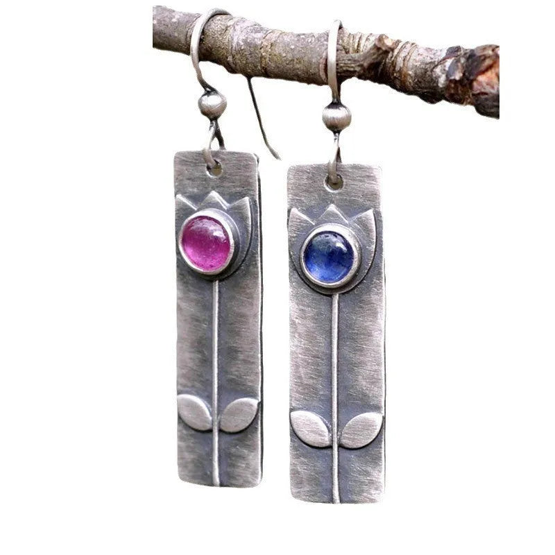 Women's antique finish red sapphire geometric earrings with ellipse design