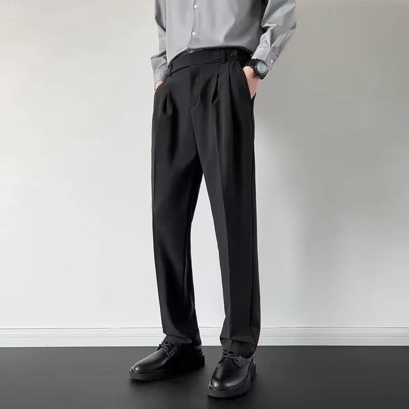 Men's straight loose fit suit trousers in apricot and black colours with mid-rise waist