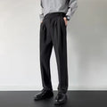 Men's straight loose fit suit trousers in apricot and black colours with mid-rise waist